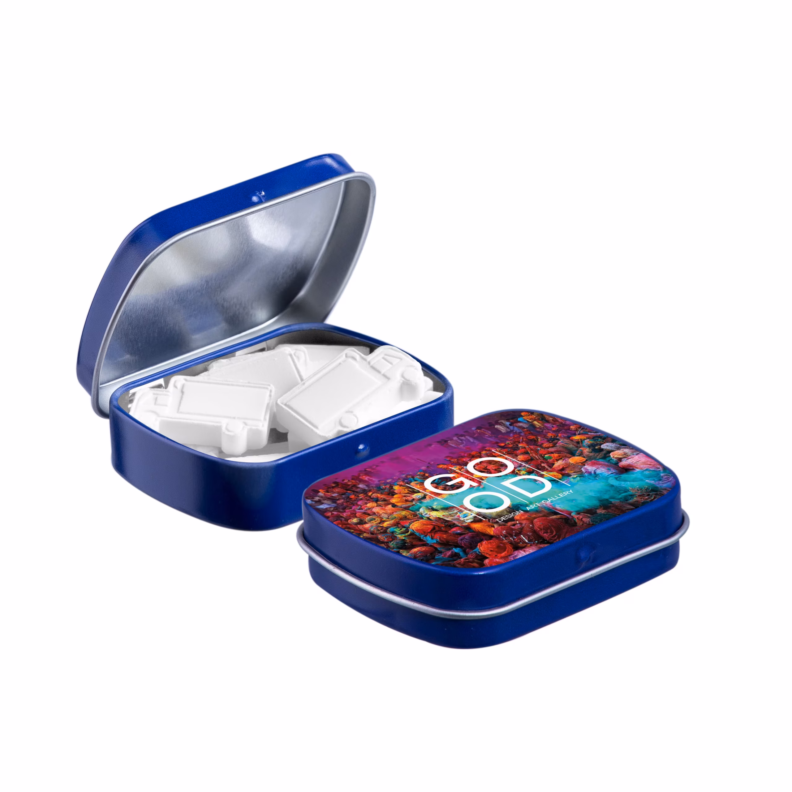 Blaue Minidose mit Pfefferminzbonbons in Sonderform