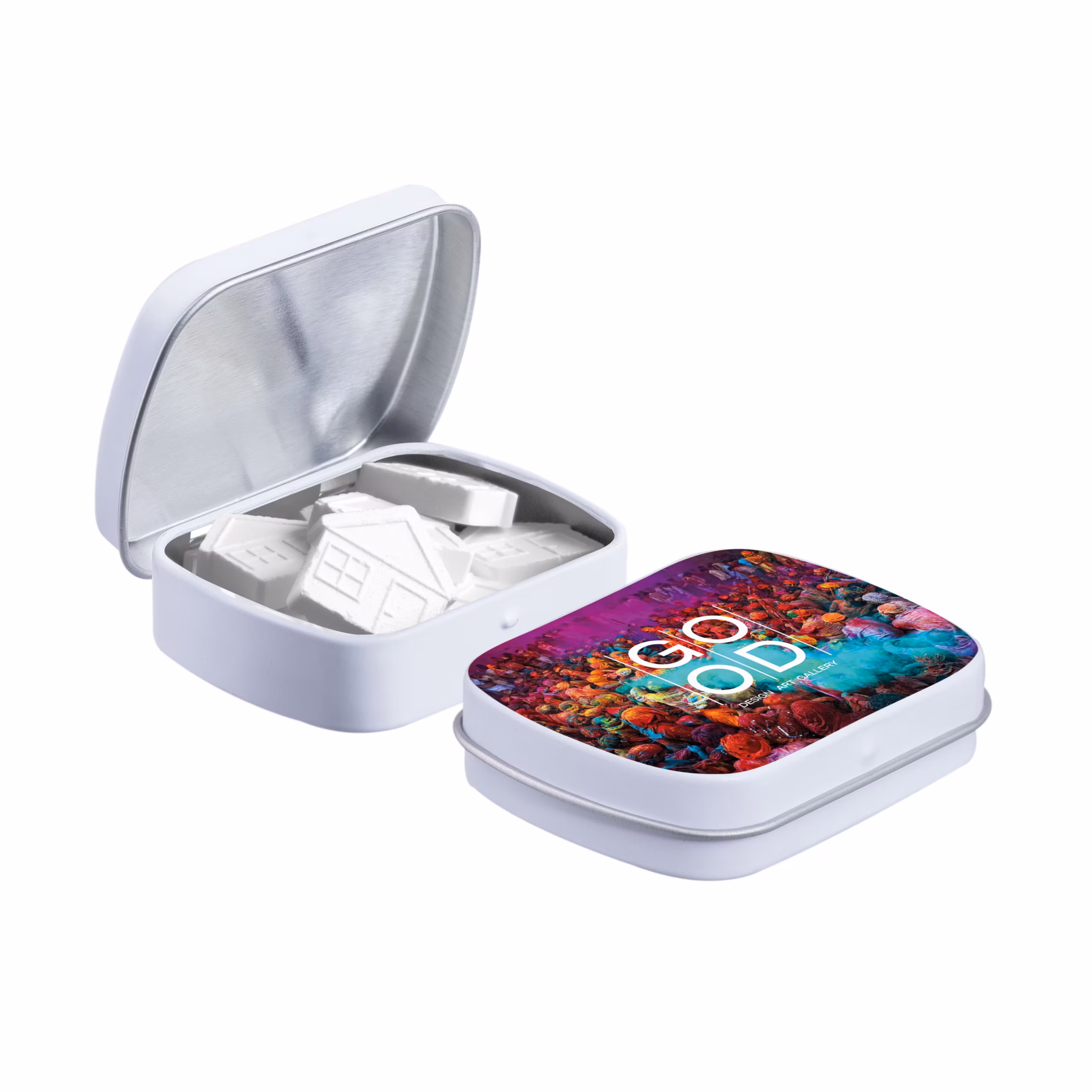 Weiße Minidose mit Pfefferminzbonbons in Sonderform