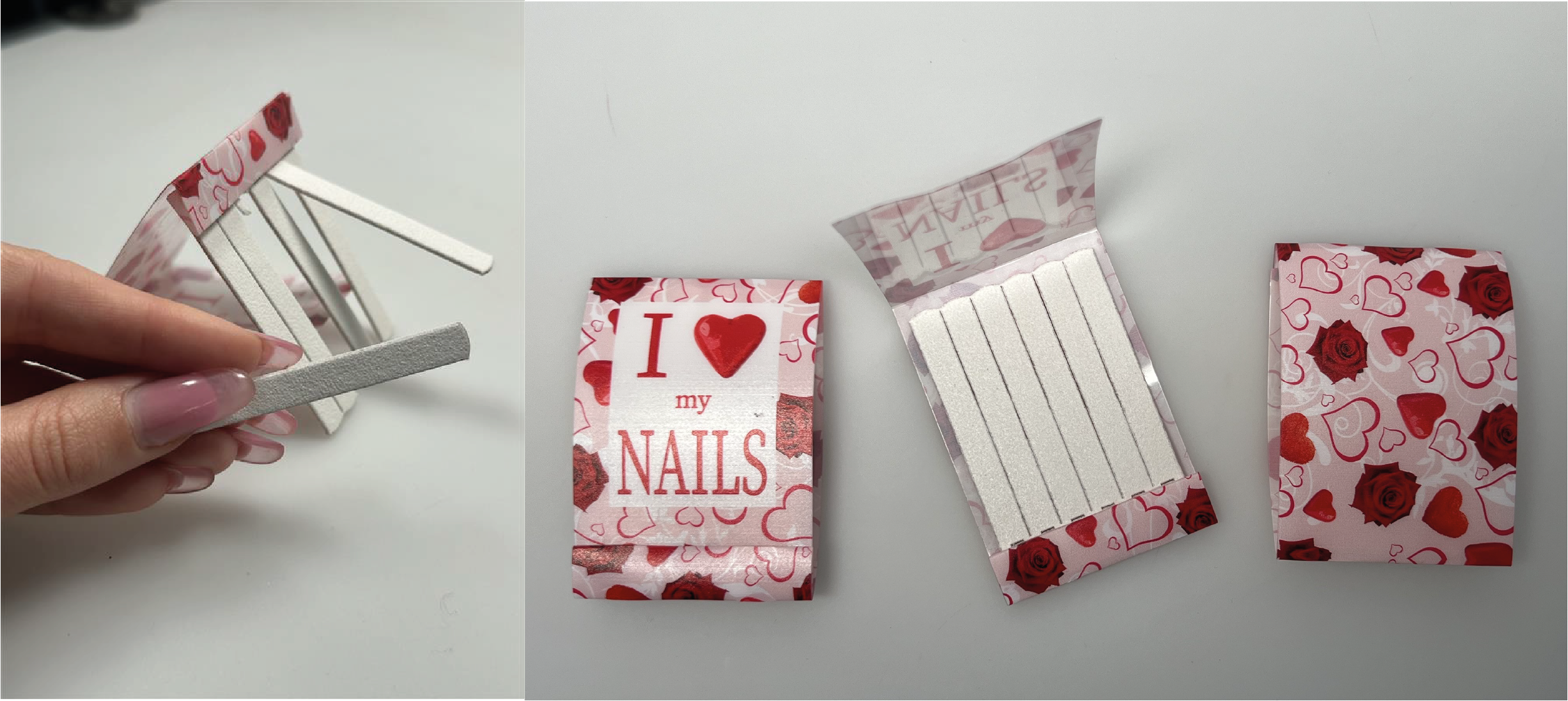 6 Nagelfeilen in einem bedruckten Heftchen aus recyceltem Kunststoff.