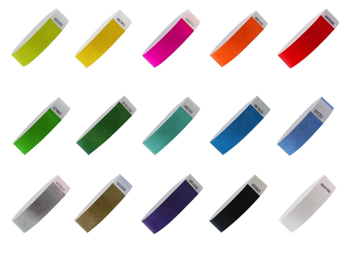 Papierarmbänder in 15 verschiedenen Farben.