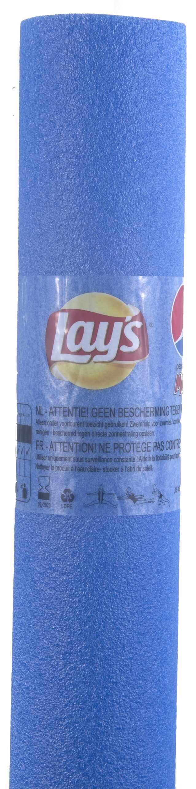 Blaue Poolnudel mit Aufkleber