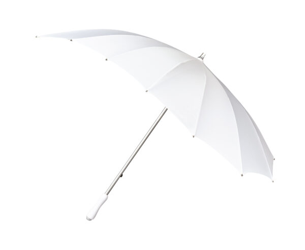 Weißer Regenschirm seitliche Ansicht.