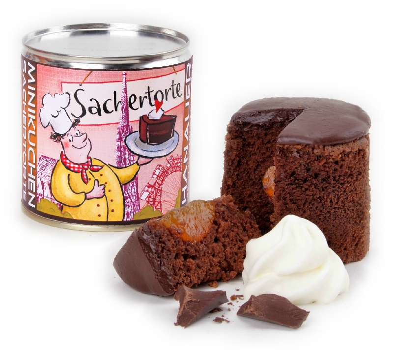 Sachertorte in einer Geschenkdose
