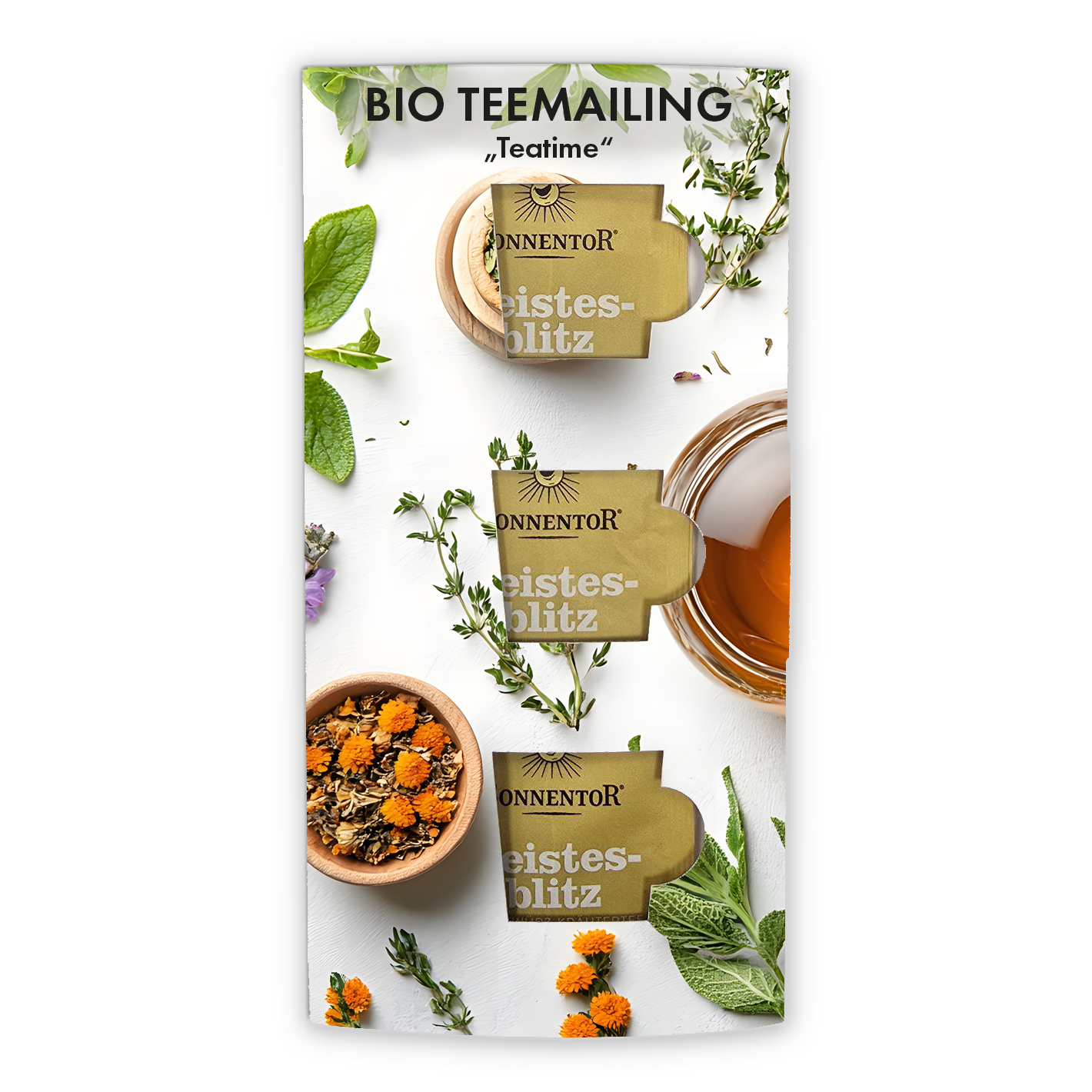 BIO-Tea-Time Mailingcard Vorderseite 3er Set Titelseite