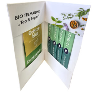 Kreatives Mailing mit Sonnentor-Tee und Zuckerstreifen Innenansicht