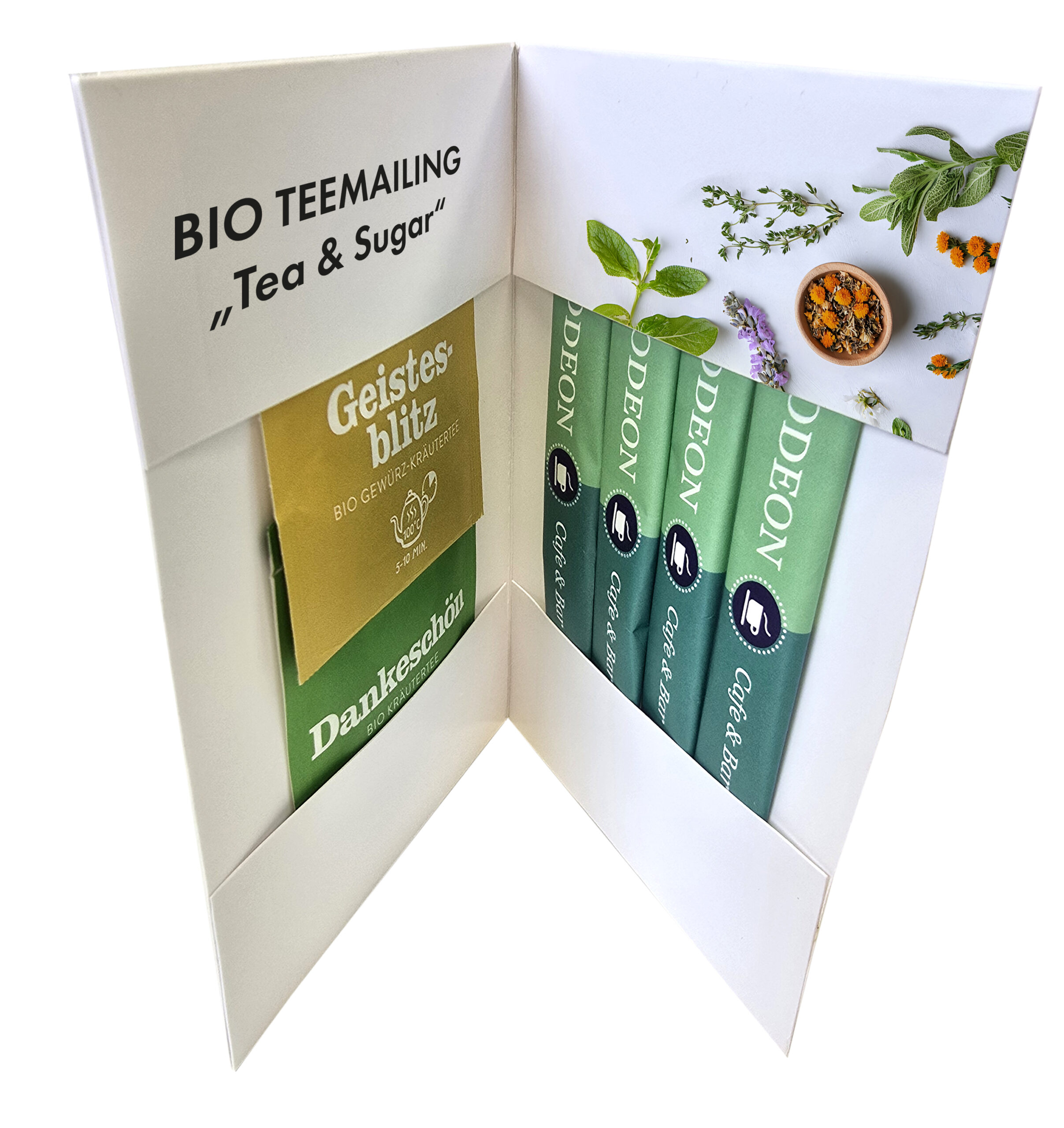 Kreatives Mailing mit Sonnentor-Tee und Zuckerstreifen Innenansicht