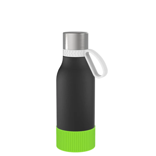 Thermotrinkflasche mit apfelgrüner Manschette und weißem Ring