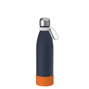 Thermotrinkflasche dunkelblau mit weißem Ring und orangefarbener Manschette