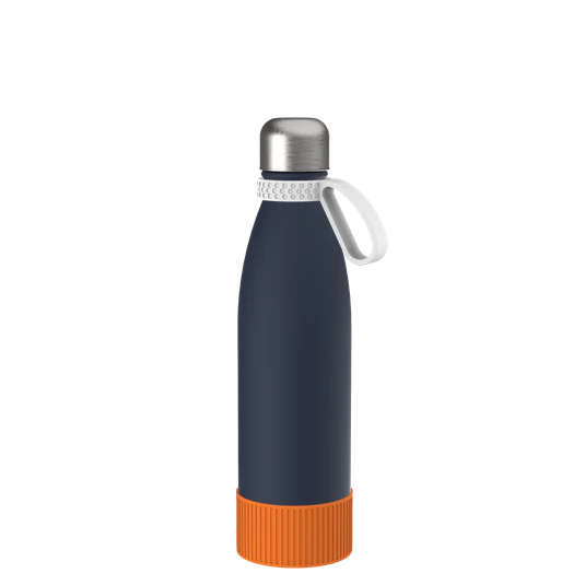 Thermotrinkflasche dunkelblau mit weißem Ring und orangefarbener Manschette