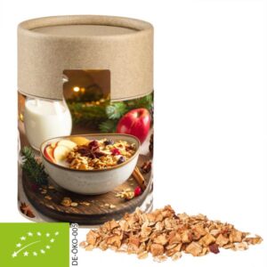 Weihnachtsmüsli in Kraftpapierdose mit Werbeetikett