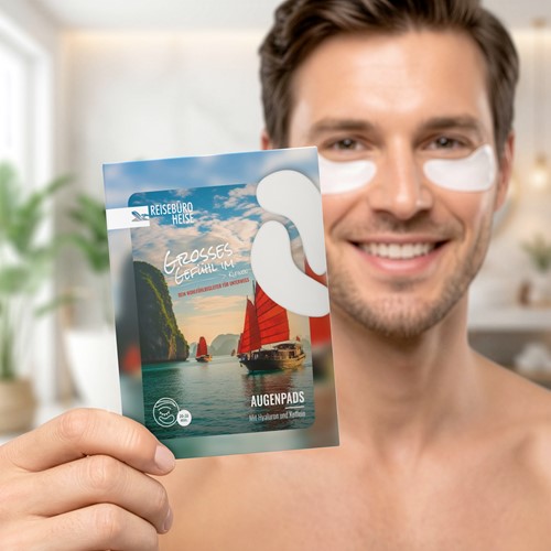 Mann mit Augenpads und Verpackung