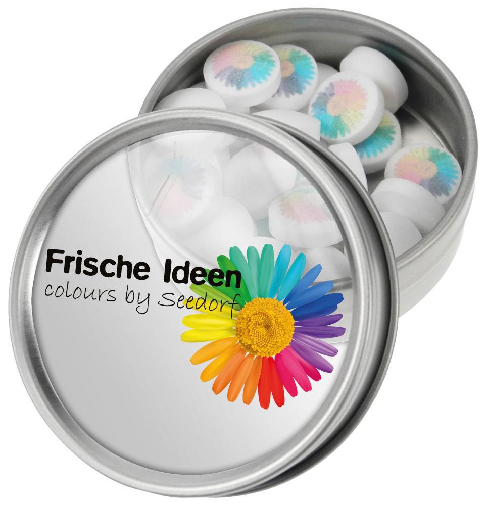 Bedruckte Pfefferminzbonbons in Metalldose mit durchsichtigem Deckel