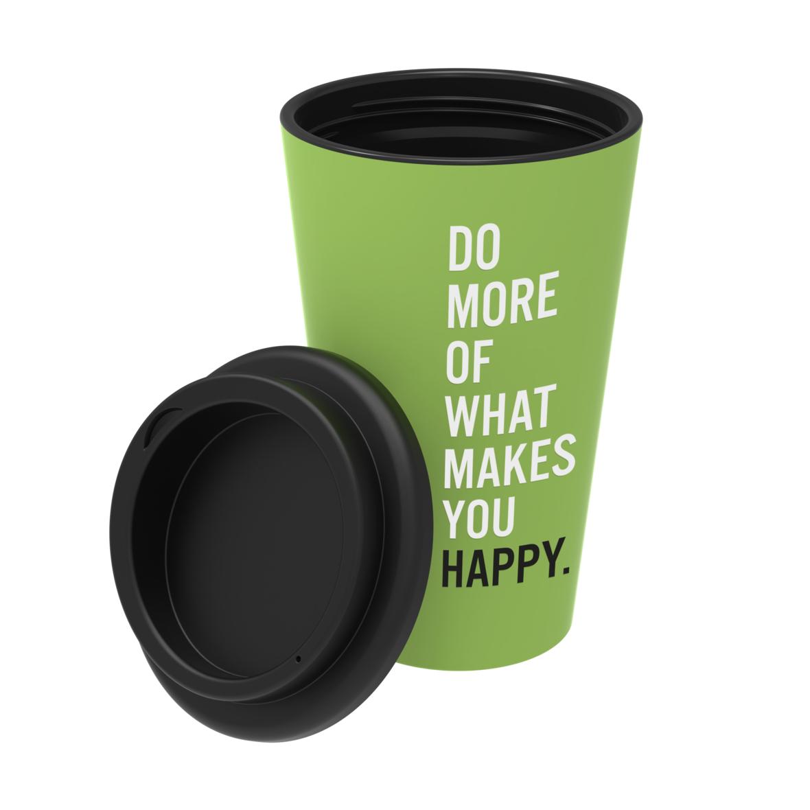 Nachhaltiger Kaffeebecher in grün mit Werbeaufdruck