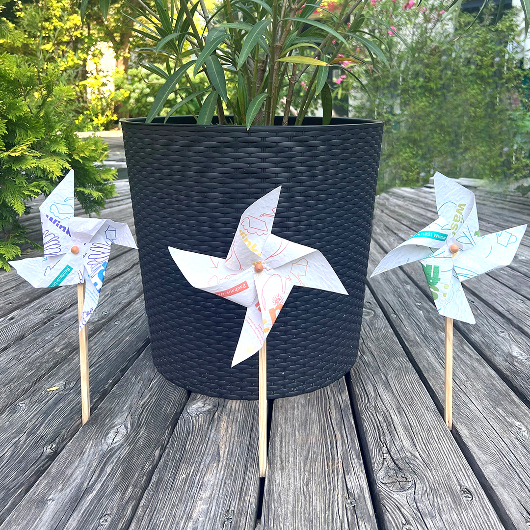Drei Windmühlen aus Samenpapier am Blumentopf