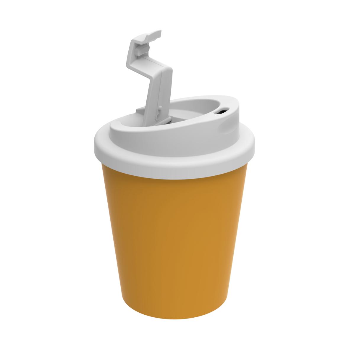 Gelber Kaffeebecher Premium Delux mit geöffnetem Deckel