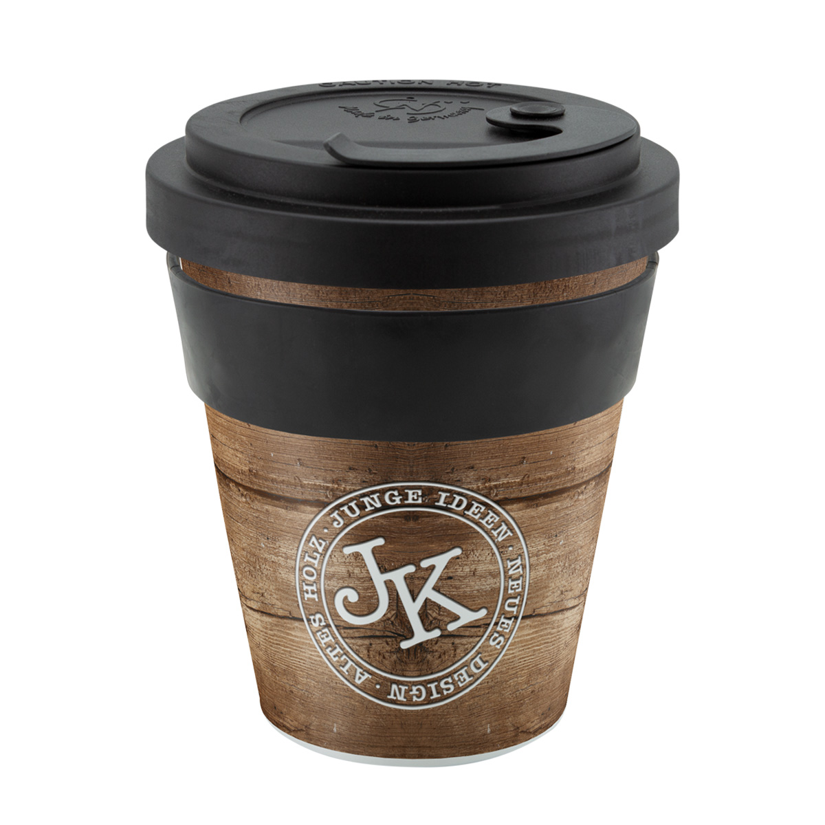 Kaffeebecher mit rundumdruck und schwarzem Deckel und Banderole