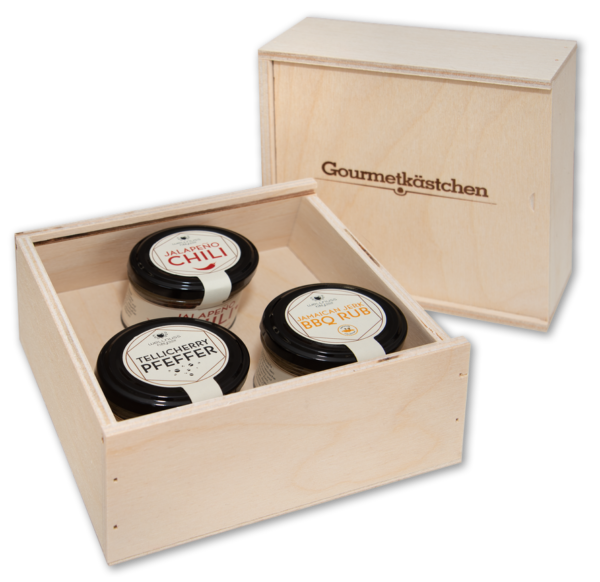 Birkenholzbox mit drei Gourmetgewürzen