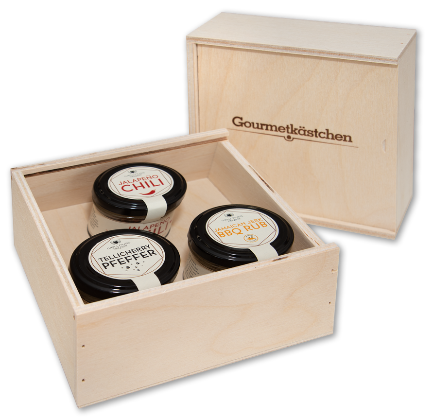 Birkenholzbox mit drei Gourmetgewürzen