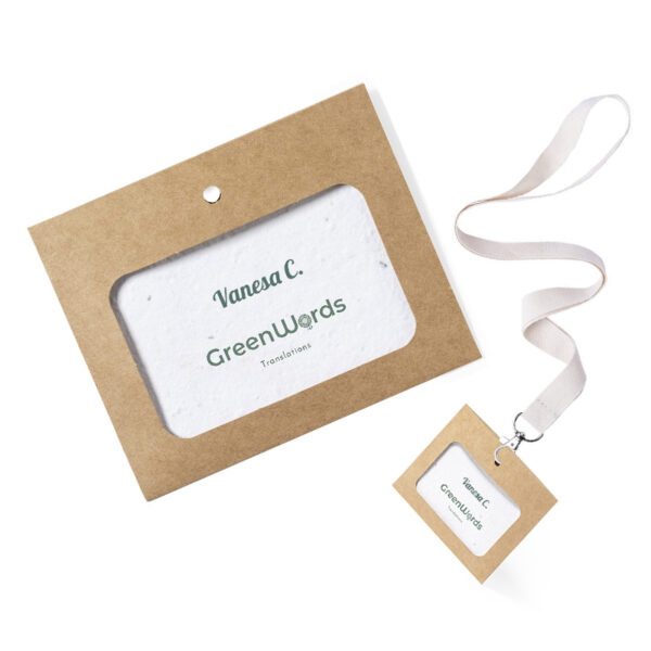 Namensschild aus Recyclingkarton mit Samenpapier-Karte und Lanyard
