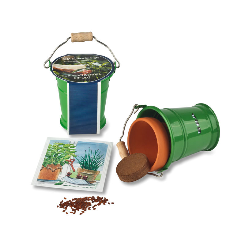 Grüner Metalleimer mit Pflanzensamen