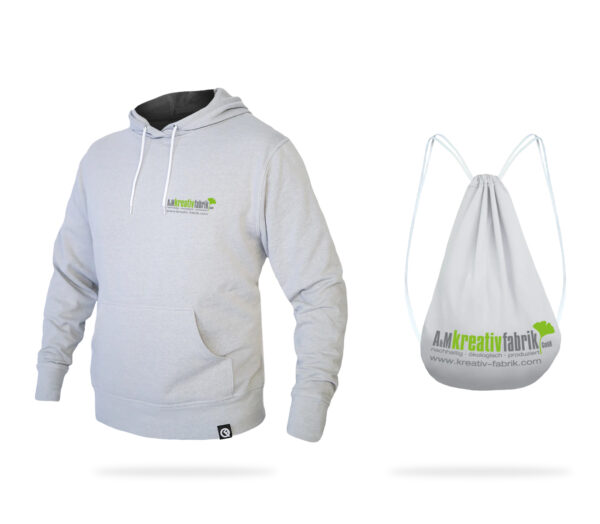 Weißer Hoodie Pullover der zum Rucksack wird mit Logoaufdruck.