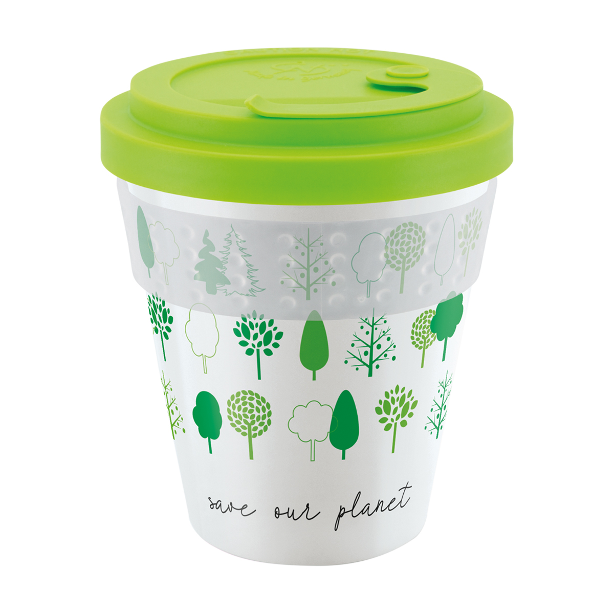 Kaffeebecher für unterwegs mit apfelgrünem Deckel und transparenter Banderole