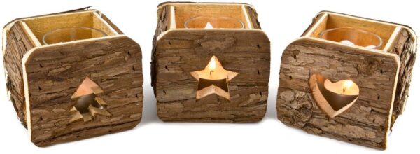 Holzwindlichter mit Rinde und Laserschnitt 3 Motive