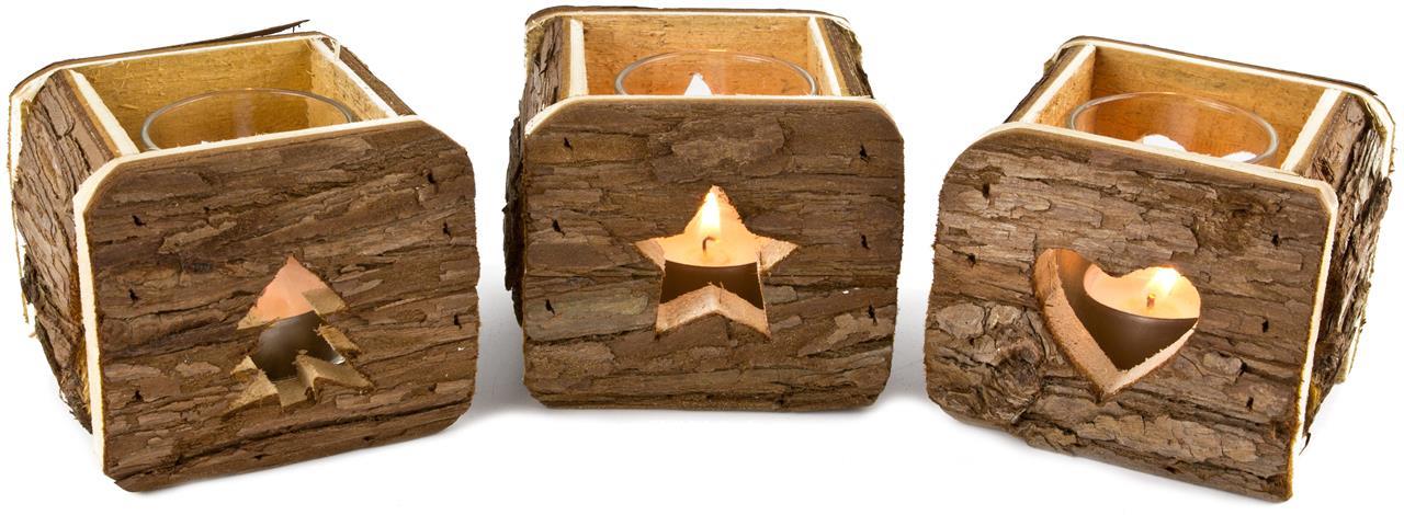 Holzwindlichter mit Rinde und Laserschnitt 3 Motive