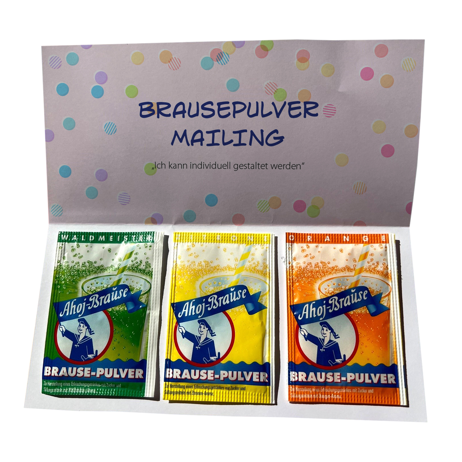 Drei Sorten Ahoj-Brausepulver in offener Klappkarte