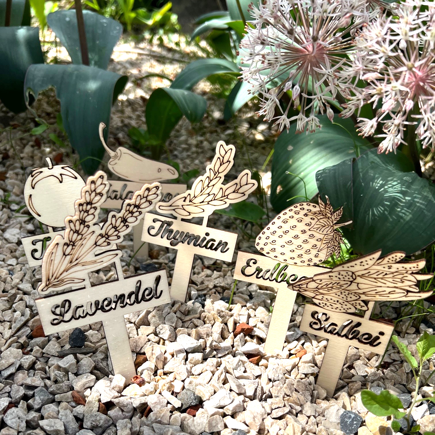 Holzpflanzstecker im Beet