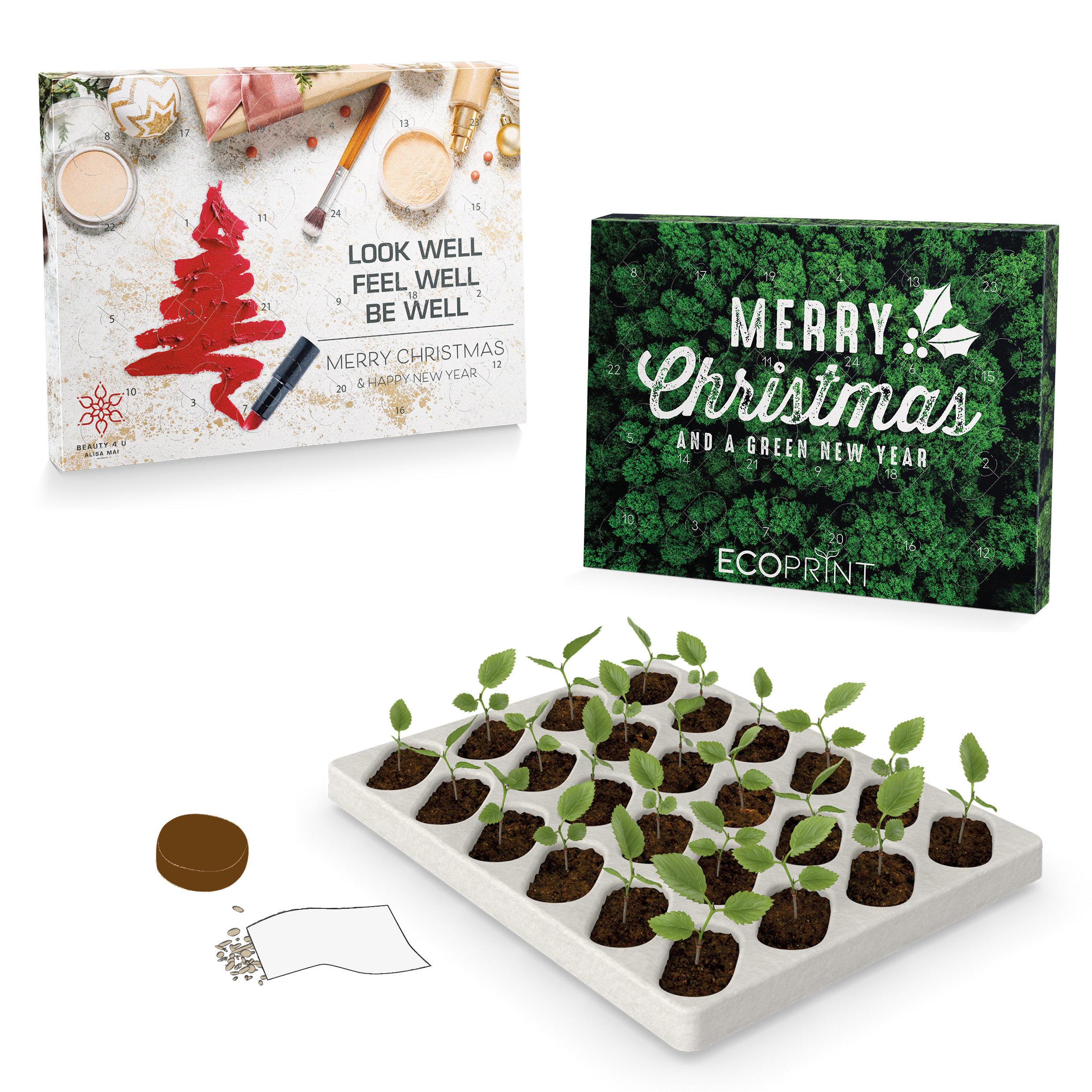 Wachsender Adventkalender mit Werbeaufdruck