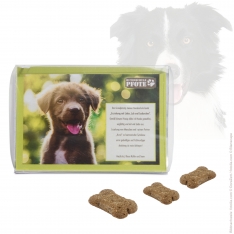 Leckerlis in Kunststoffbox für Hunde mit Werbeanbringung