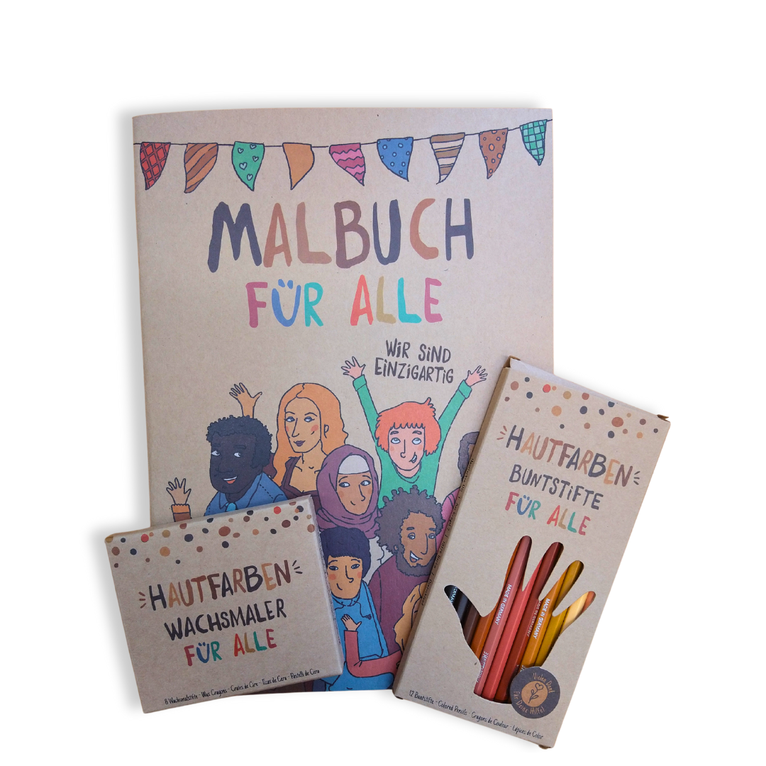 Malbuch mit Buntstiften und Wachsmalstiften