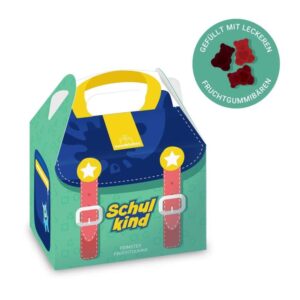 Schulranzen aus Karton befüllt mit Fruchtgummibärchen